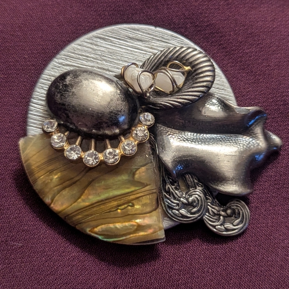Artisan Brooch Pin Silverstone Goldtone Rhinestones Hand Crafted Large Statement